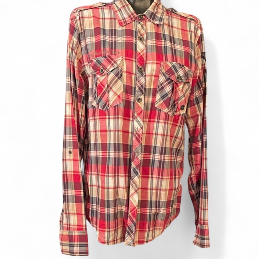 Fox Men's Casual Plaid Shirt - Red and Tan